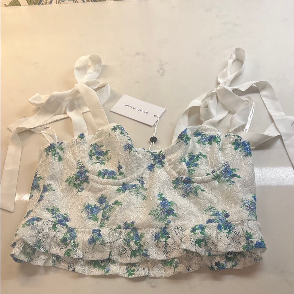 Lovers + Friends Blue and Green Floral Lace Crop Top